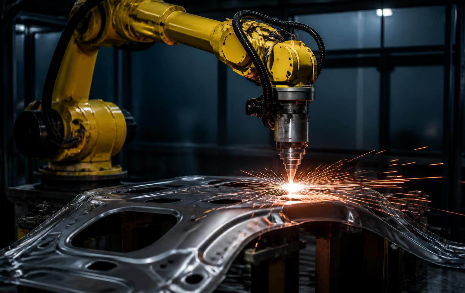 Robô Fanuc executando corte a laser 3D em painel de aço conformado