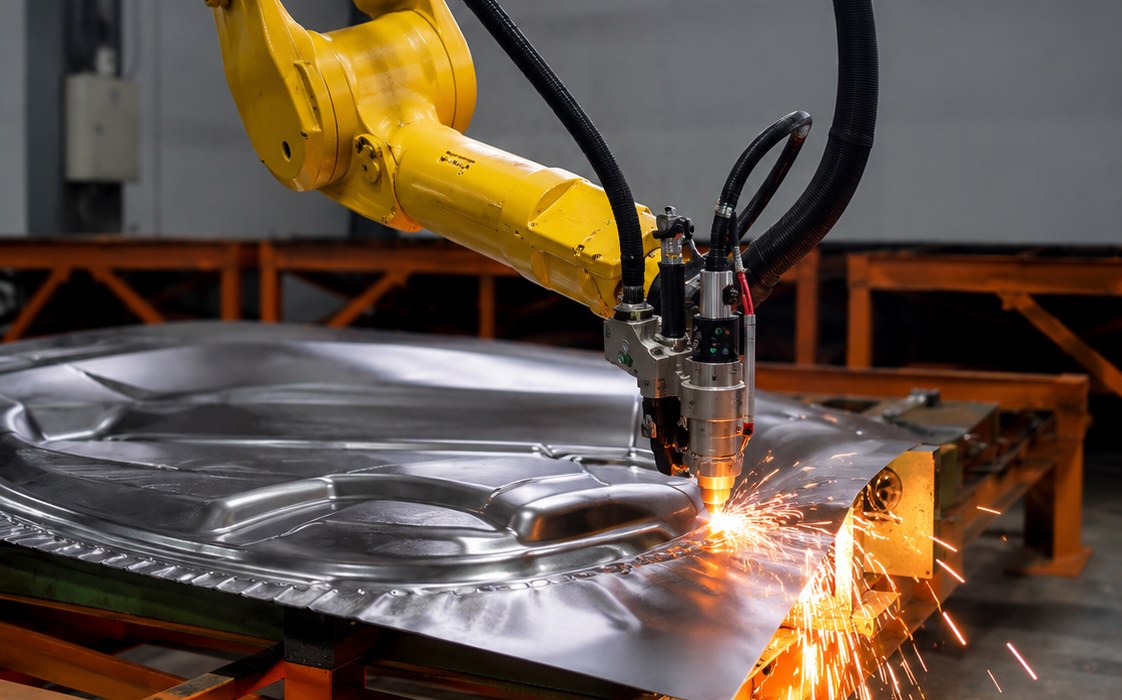 Robô Fanuc executando corte a laser 3D em painel de aço conformado na célula robotizada da Tecnumfer em Joinville/SC